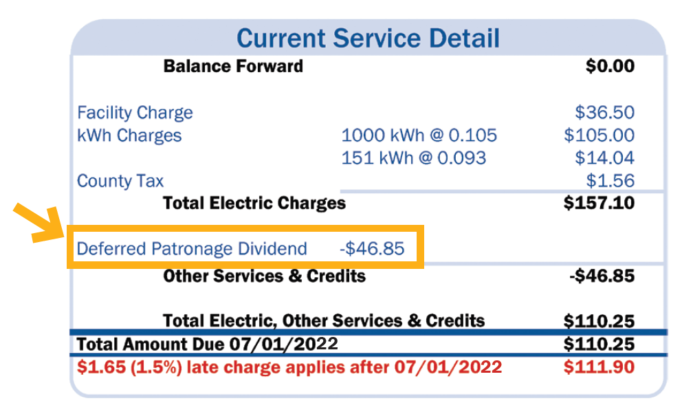 Deferred patronage dividend line highlighted on electric bill