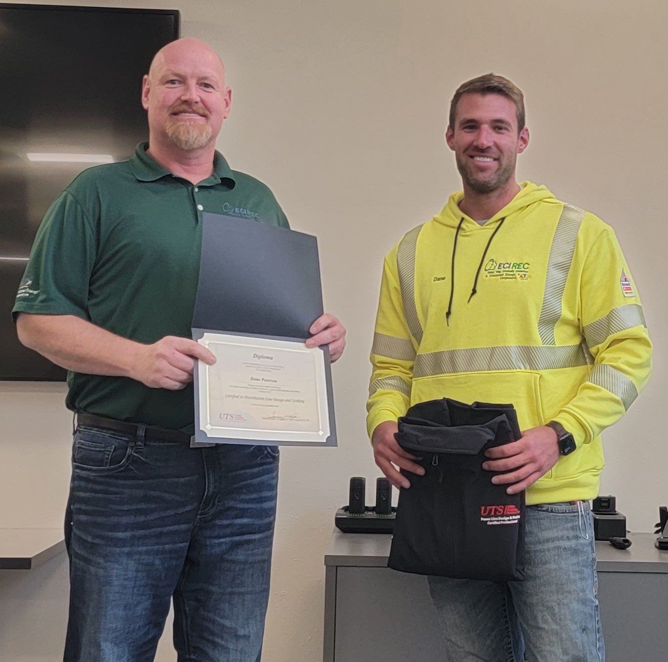 Engineering Design Technician Dane Peterson completed the Utility Training Services, Inc. (UTS) staking program. By completing this 4-step program, Dane earned a UTS Power Line Design & Staking-Certified Professional certification diploma.  Dane works out of the Vinton Operations Center and will have 10 years of service with the Cooperative come this July. Operation Manager Tom Schmitt presented Dane his certification diploma at this February’s safety meeting. Congratulations and great job, Dane, on your accomplishment and achievement of the Power Line Design & Staking Professional certification!